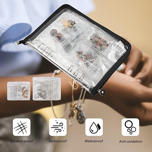 Miniatura 4 de Surblue Libro de almacenamiento de joyas transparente portátil, organizador de joyas de viaje, con cremallera, con bolsillos para collares, aretes