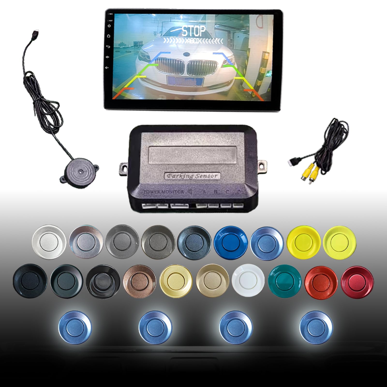 Parking Sensor Kit LCD - Displays Data on Original Screen, Easy Rear Installation, Compatible with All Camera Formats (AHD, CVBS), 20 Probe Colors to Match Any Vehicle LightBlue