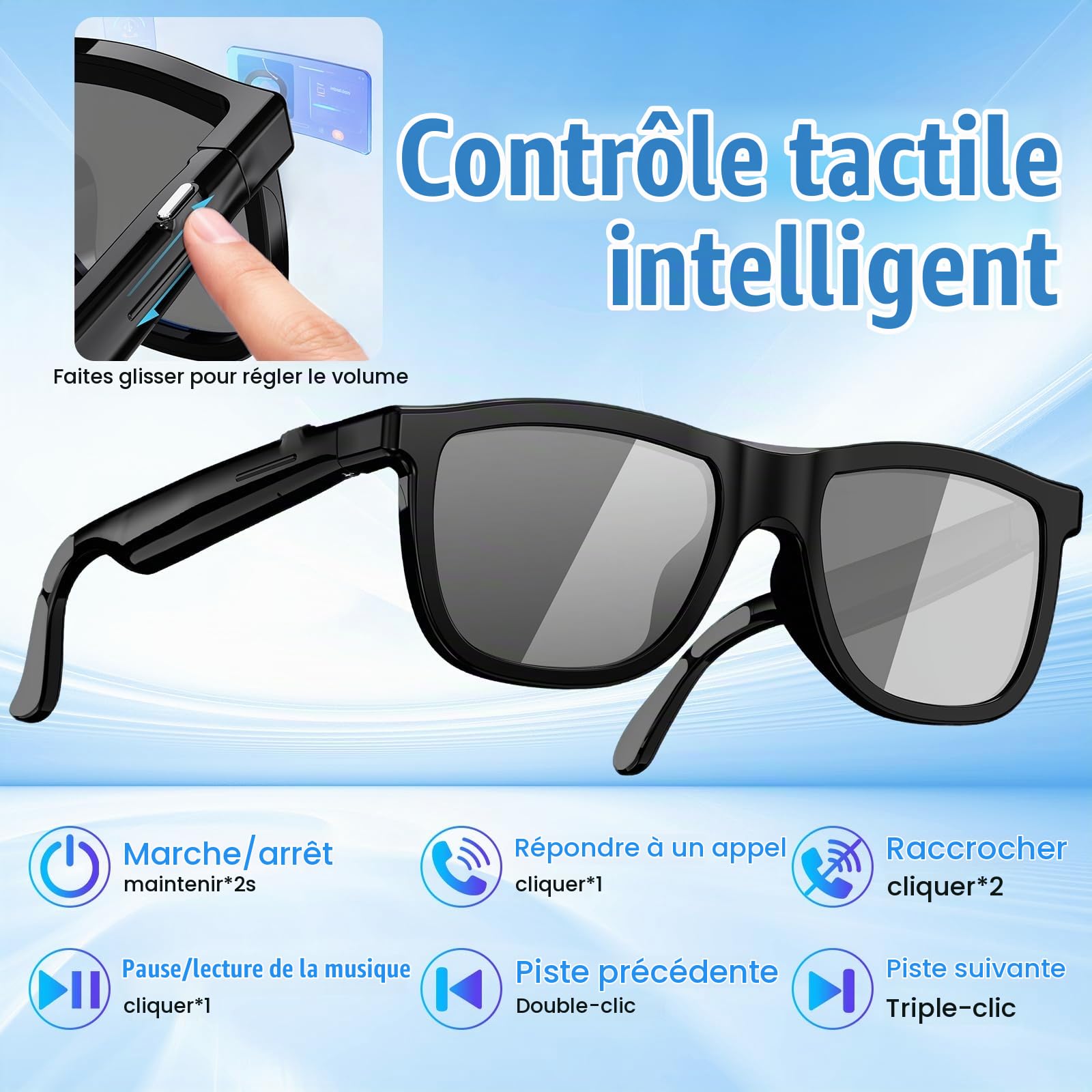 Lunettes intelligentes Bluetooth AI avec plus de 60 langues, lentilles changeantes de couleur, haut-parleur intégré et contrôle de la musique audio Hi-Fi - Traducteur vocal en temps réel pour voyages