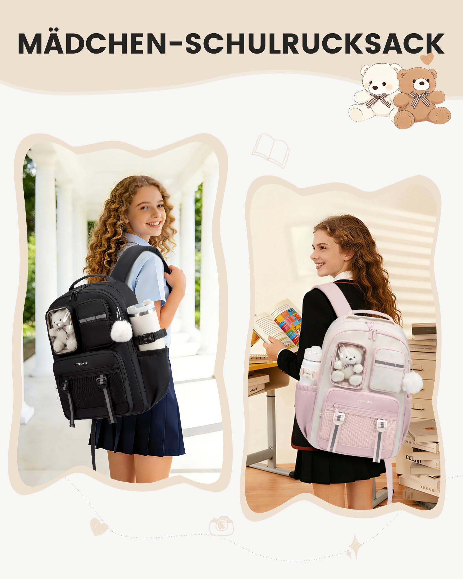 LOVEVOOK Schulrucksack Teenager Mädchen 7-16 Jahre, Schultasche mit Plüschbär & Sichtfenster, Passend für 15,6 Zoll Laptop & 1,2L Trinkflasche, Schulranzen Rucksack für Grund- & Weiterführende Schule