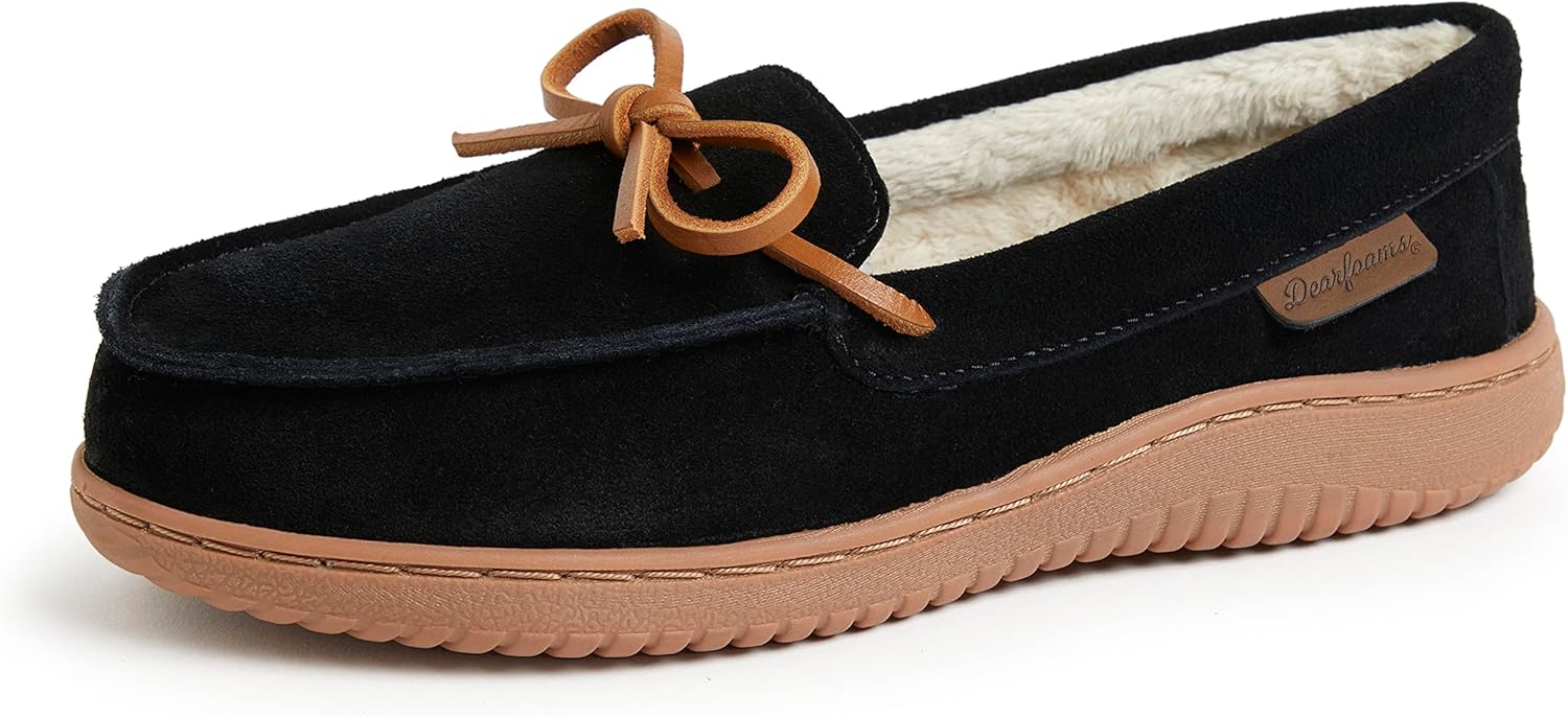 Dearfoams womens Wilmington Energy Return Comfort Indoor/Outdoor Memory Foam Moccasin With Tie Women s Slipper, Black Suede, X-Large US