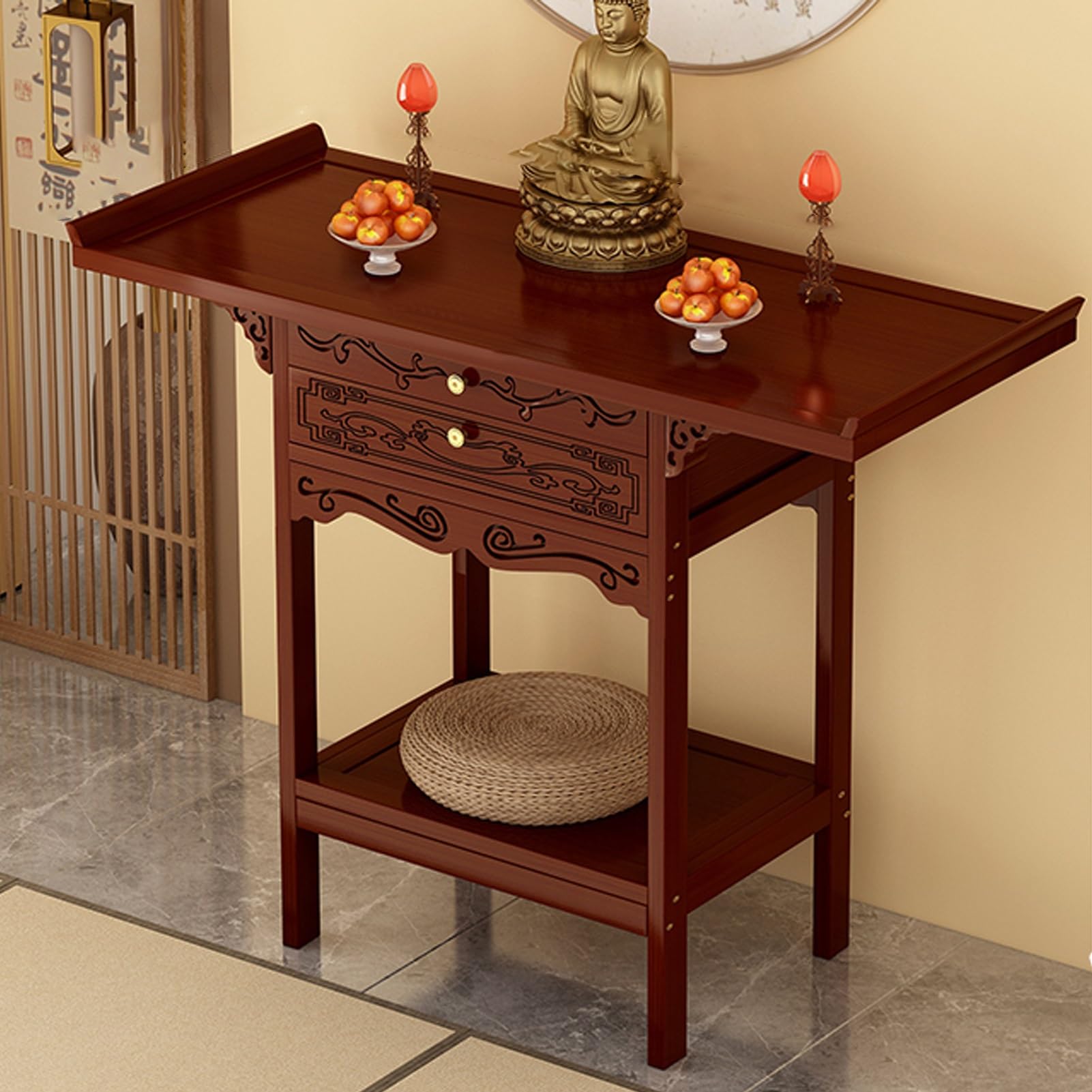 ZIGTUEI Altar Table with Drawer, Personal Altar Cabinet, Meditation Table with Pull-Out Storage Board, Puja Table, Floor Table for Spiritual, for Prayers, Rituals, Divination(Red,50x33cm/19.7x13in)