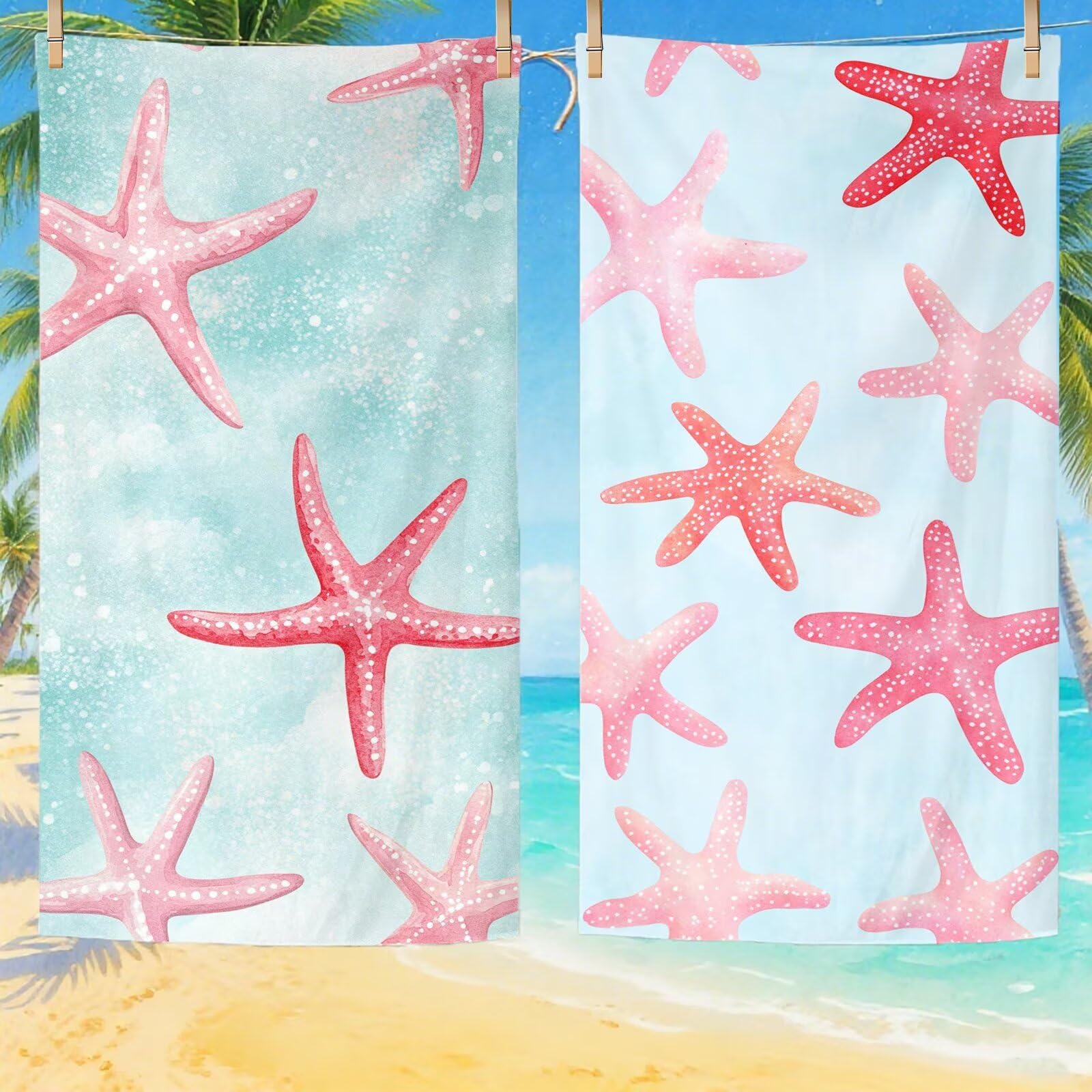 Serviette de Plage Microfibre Serviette Plage 100x150 cm 2 Pack Séchage Rapide Anti-Sable Absorbante Fonction drap de plage xxl pour Bain Sport Voyages Sauna Piscine Yoga, avec Sac Étoile de mer Q-667