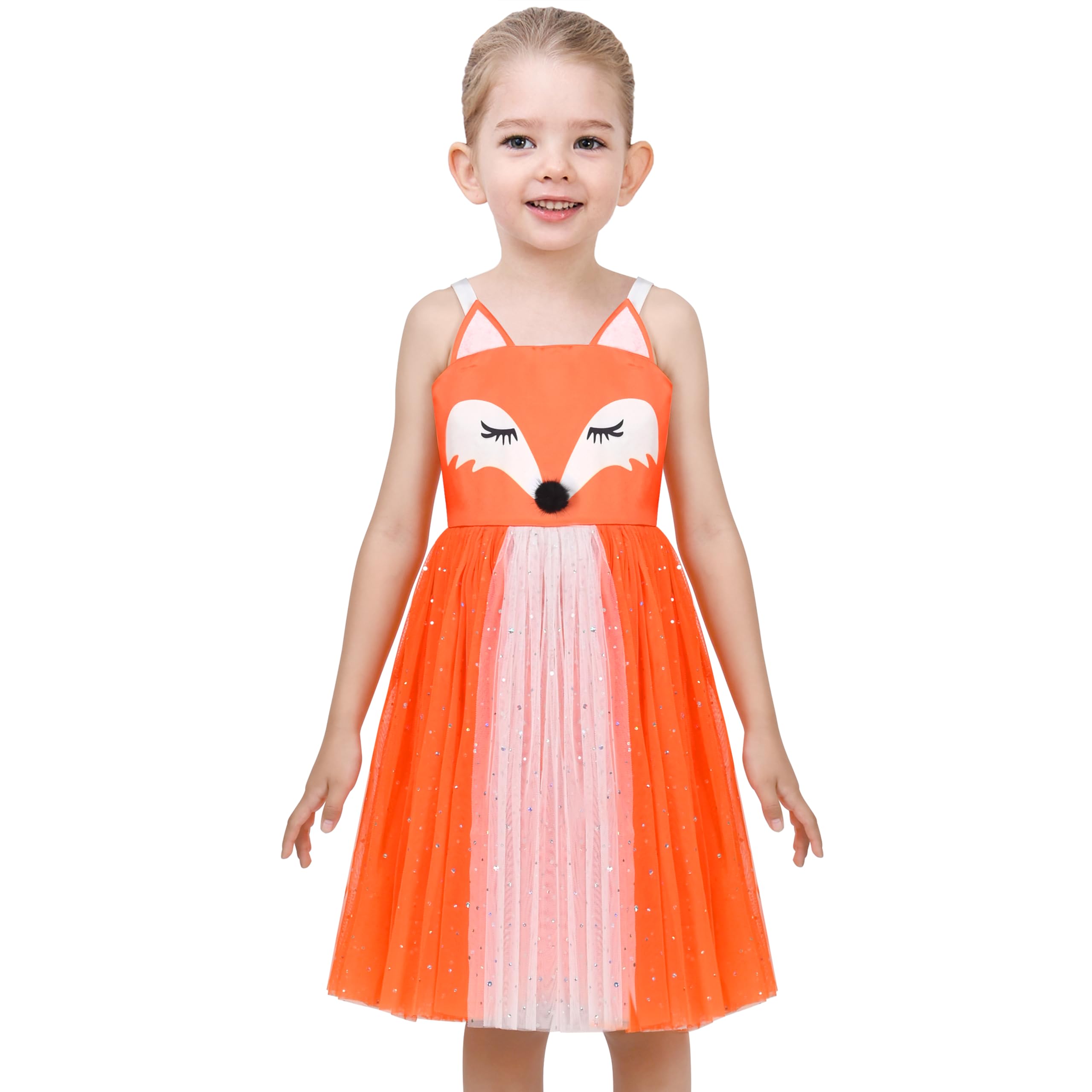 Girls Dress Fox Animal Cartoon Printed Sequin Tulle Halloween Party Size 5 Orange