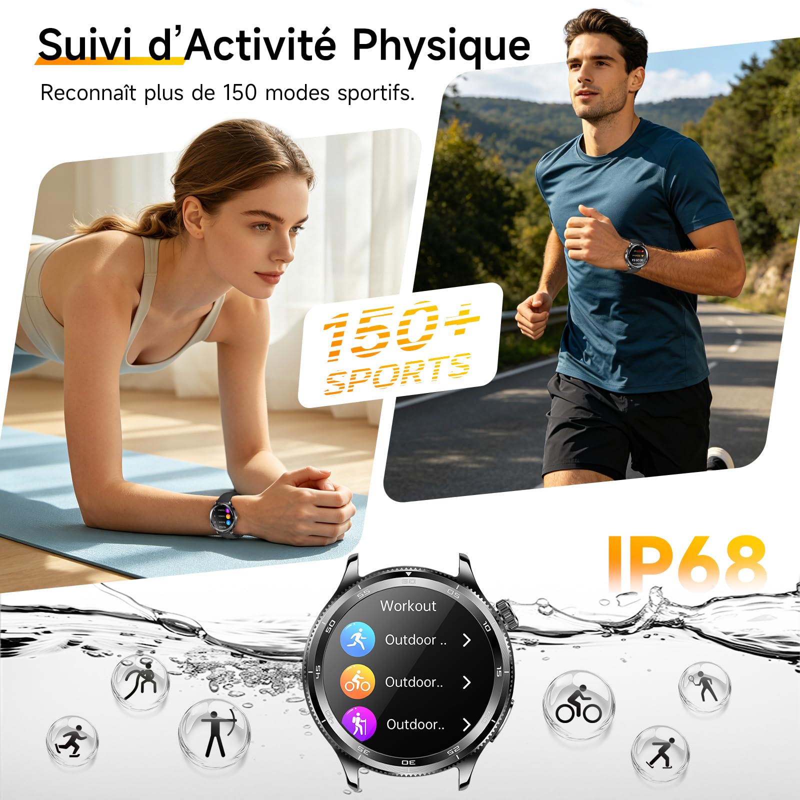 Montre Connectée Homme ECG/Pressιon artérιelle, Silicone Noir (Cadre Noir)