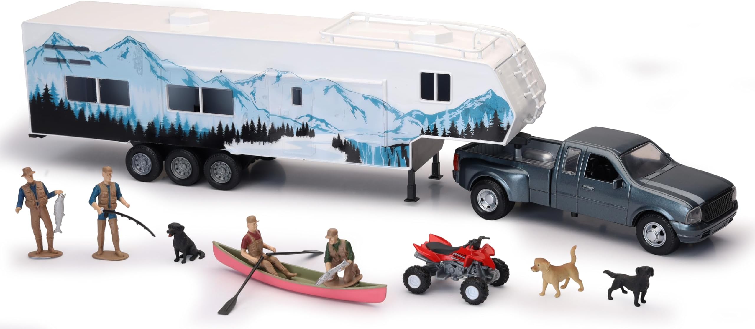 New-Ray Toys Die Cast Pick Up Truck with Camper Trailer and Accessories