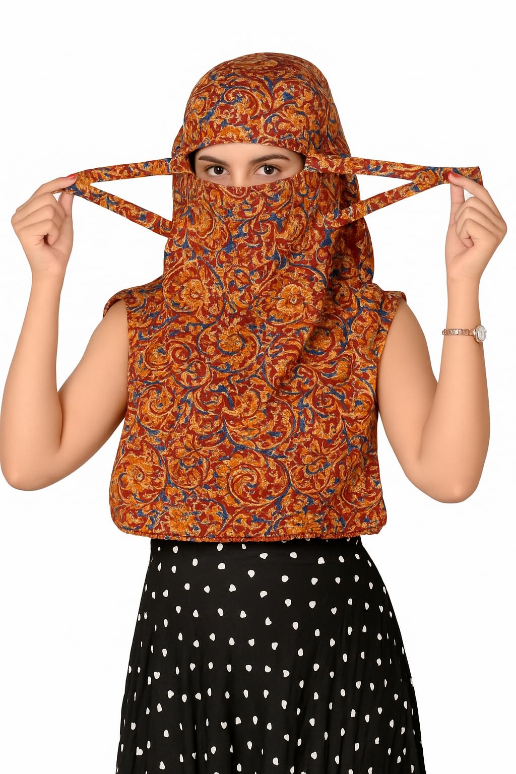 Face Cover Mask Sun Protection Scarf for Hair, Head, Neck, Nose - Safety Head Wrap for Women Girls Daily Use - Double Layer Cotton Printed Kalamkari Dupatta Hijab