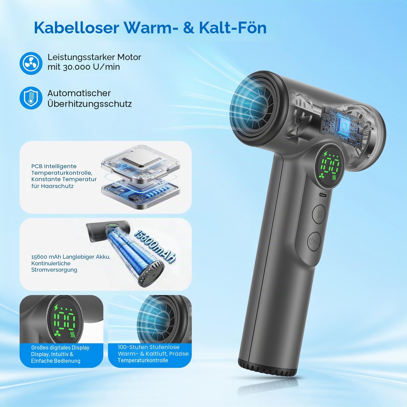 Akku Haartrockner, 200 W Kabelloser Fön mit Akku, 3 Geschwindigkeiten & 3 Temperaturen, 15600 mAh Reisefön Kabellos mit Digitalem Bildschirm, Reiseföhn für Reisen, Camping, Schlafsäle (Grau)
