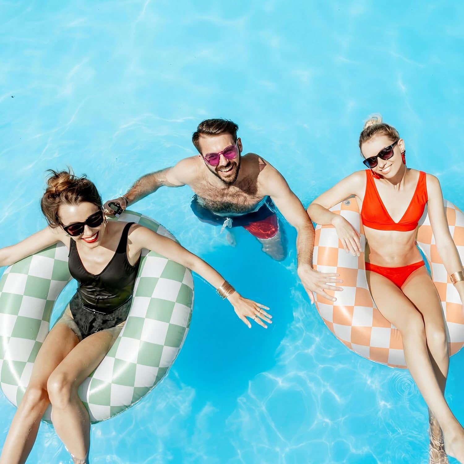 6 Pcs Inflatable Tube Pool Floats 6 Colors Morandi Checkered Swim Rings Swimming Pool Tubes for Summer Beach Bachelorette Party, 30 x 14 Inch