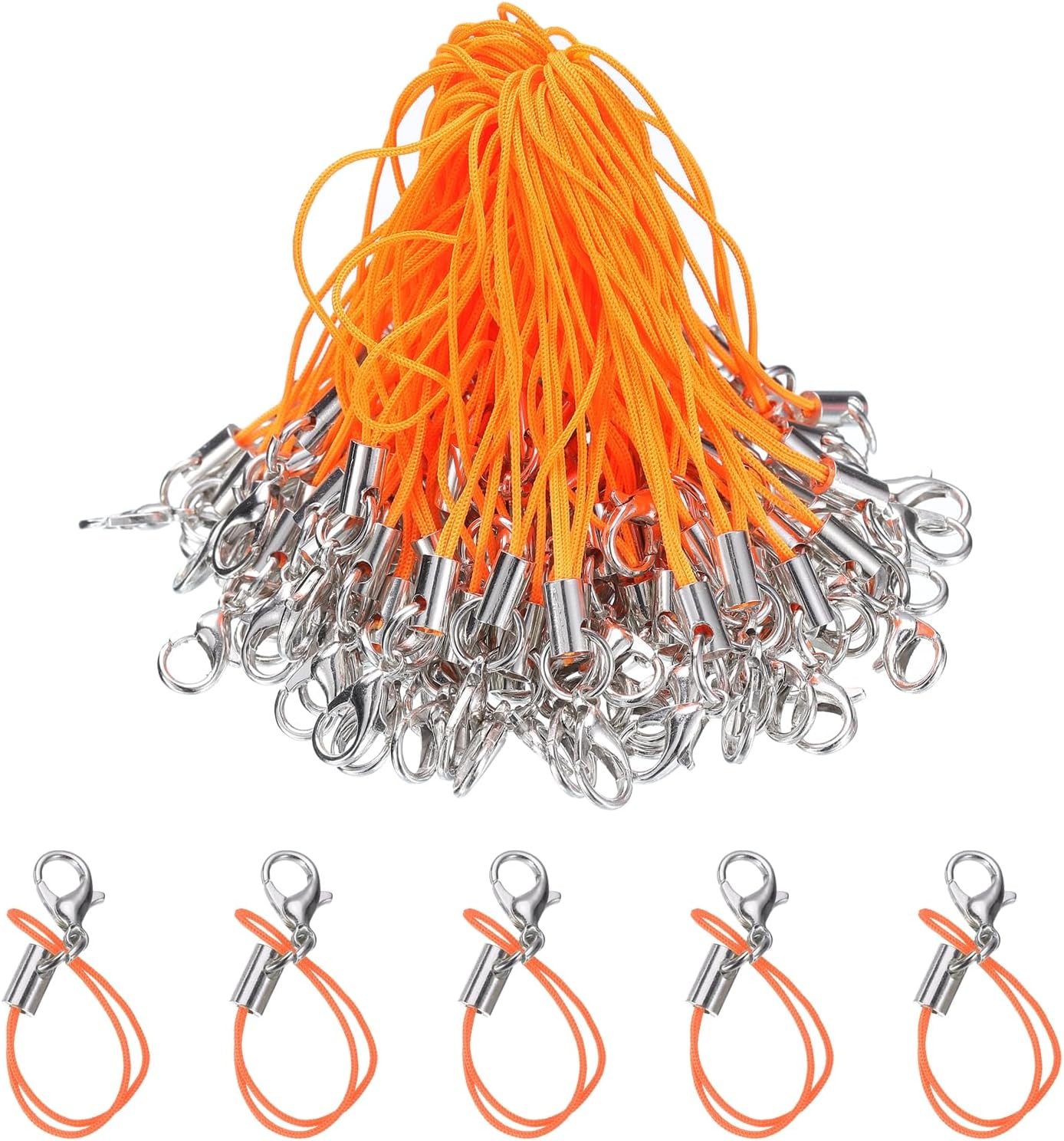 HARFINGTON 100Pcs Clasp Cords Clasp Strap Lanyard Charm Short Finger Rope with Lobster Clasp for Cellphone Cases Keychain DIY Jewelry Making, Orange