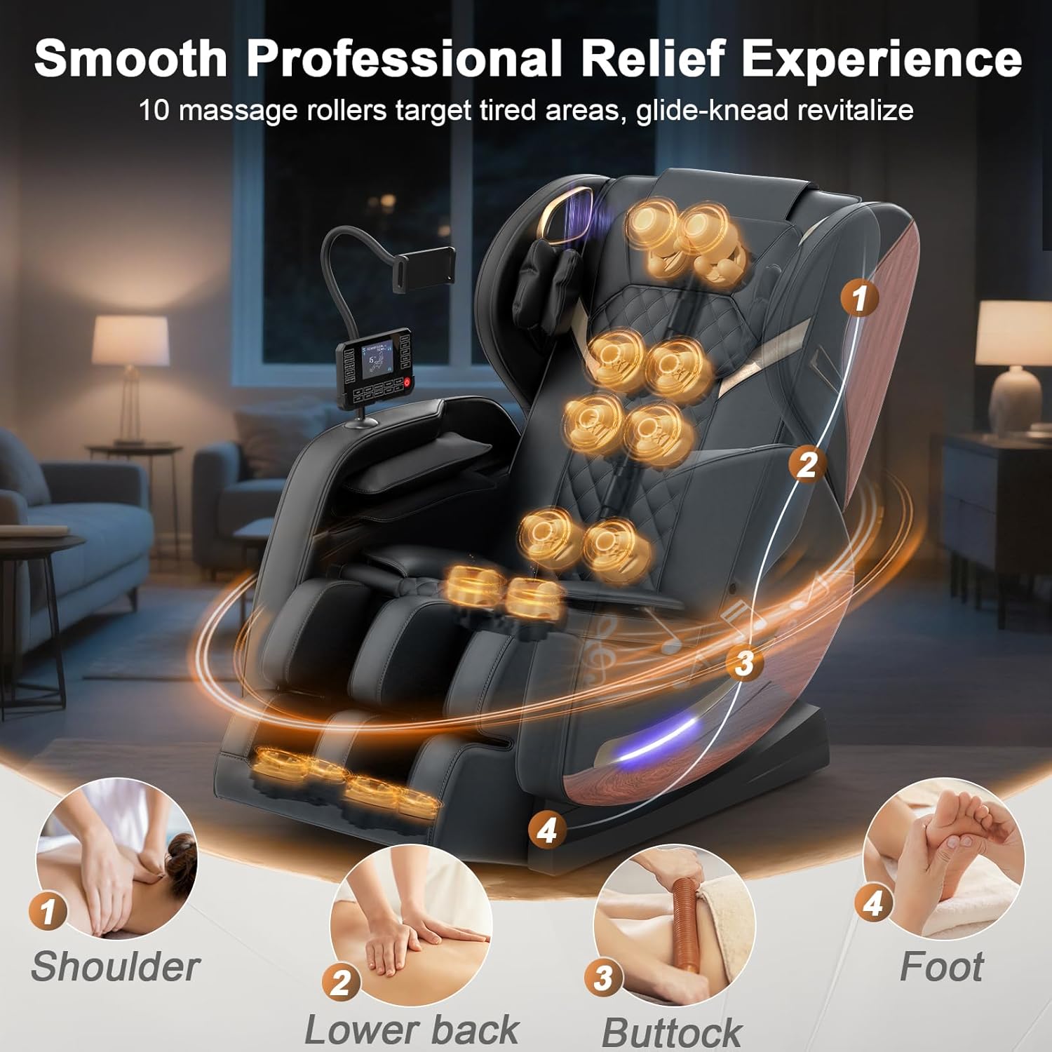 2026 Massage Chair, Massage Chairs Full Body and Recliner with 10 Fixed Points, Zero Gravity, Wood Grain Leather, Foot Massage, Airbags, Lumbar Heating, Bluetooth and Control Screen (Elegant Black)
