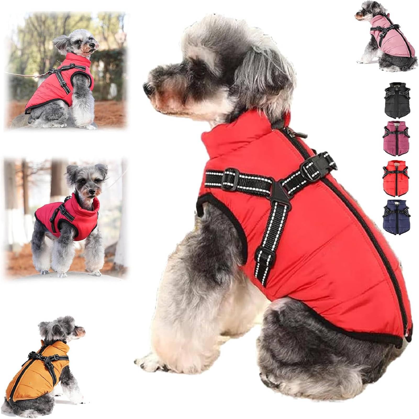 Furrykings 3 in 1 Winter Jacket, Dog Winter Coat, Waterproof Windproof Dog Snow Jacket with Harness and Zipper for Small Medium Large Dogs/Cats (Red,3XL)