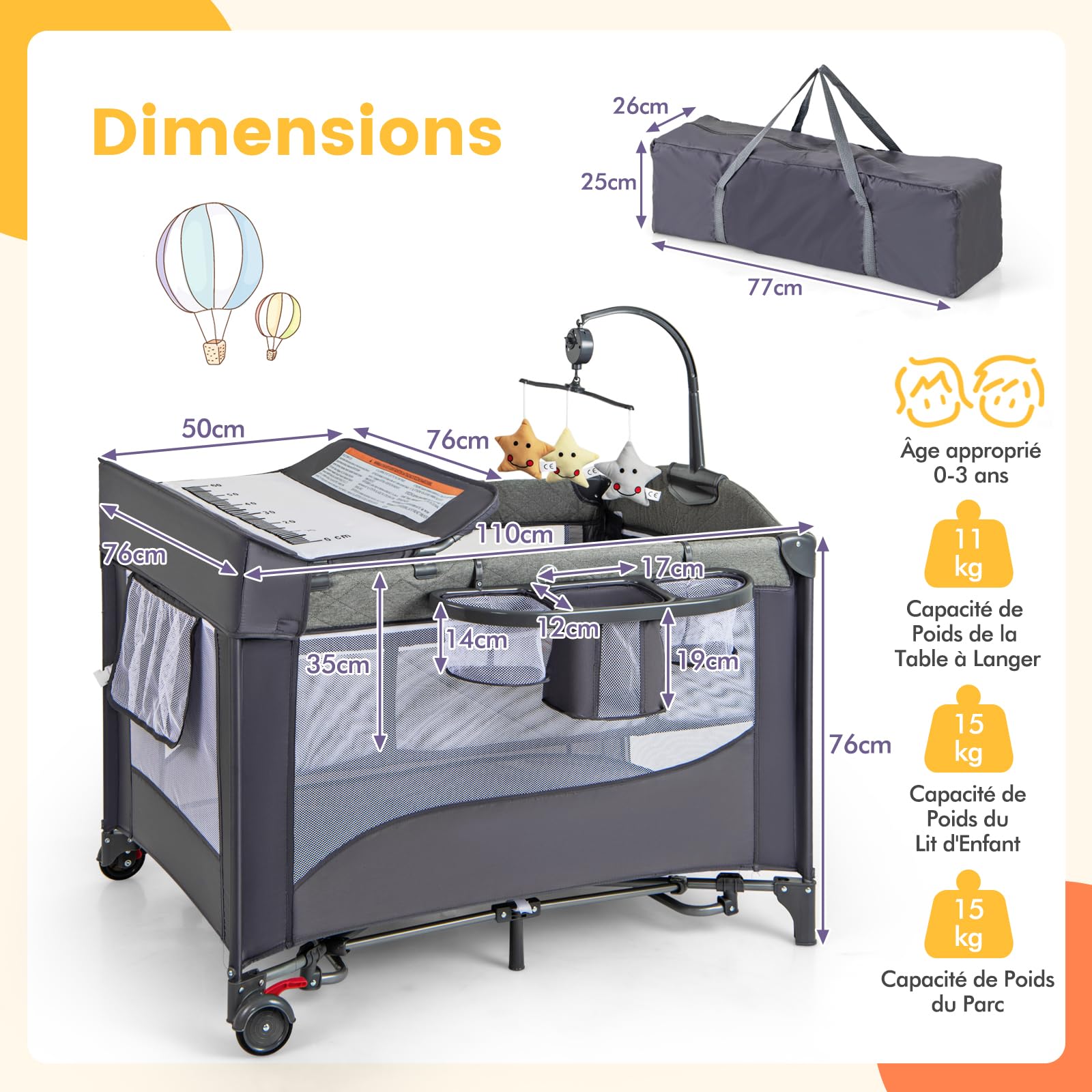 DREAMADE 5 en 1 Lit Parapluie Bébé, 110x76x82CM Lit Cododo avec Matelas,0-9Mois,avec Hauteur Réglable,Bascule 5-10°,Roues avec Freins,Boîte à Musique (Gris)