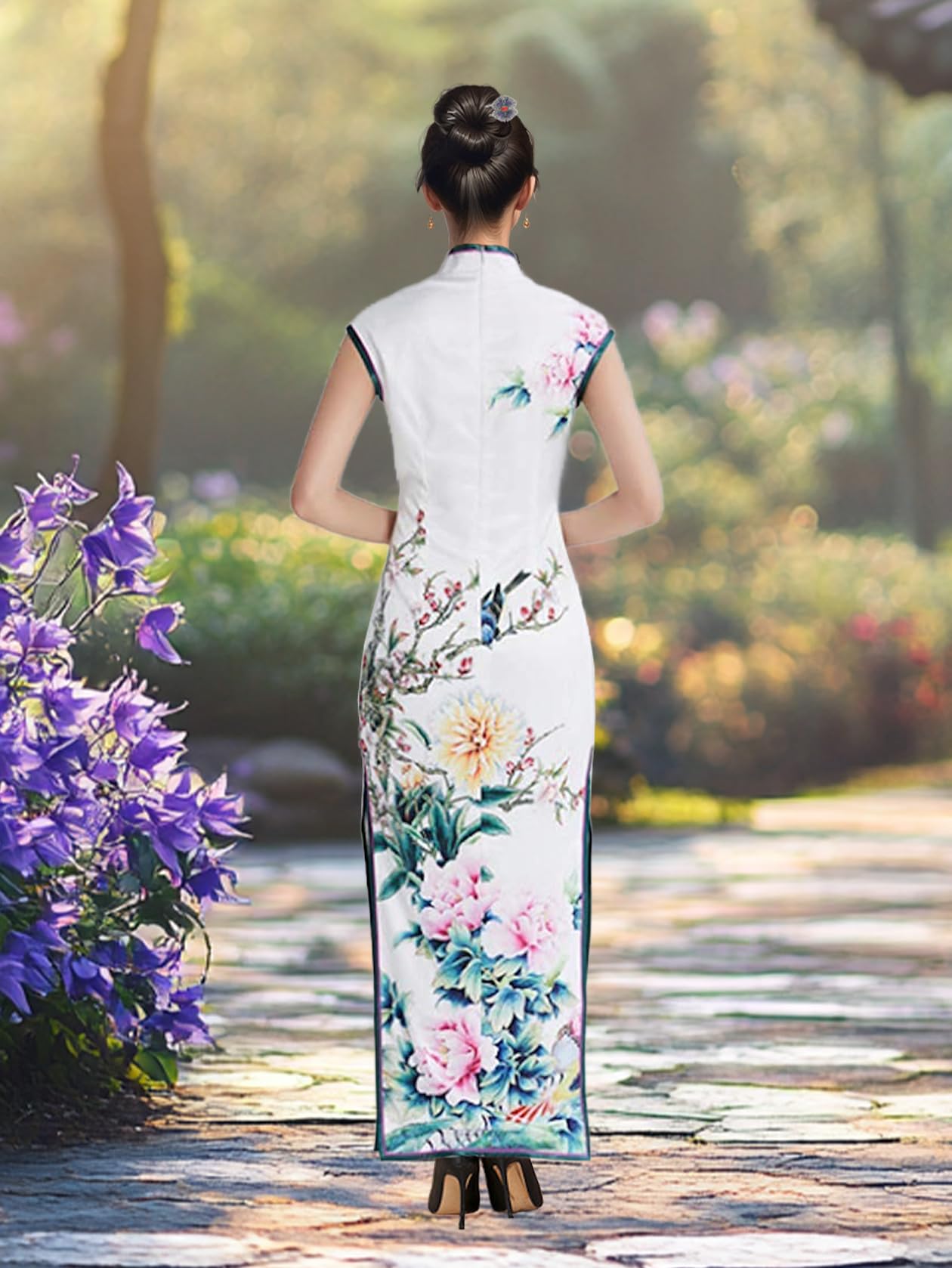 HangErFeng Abito tradizionale con colletto alla coreana Cheongsam stampato in seta floreale 3680