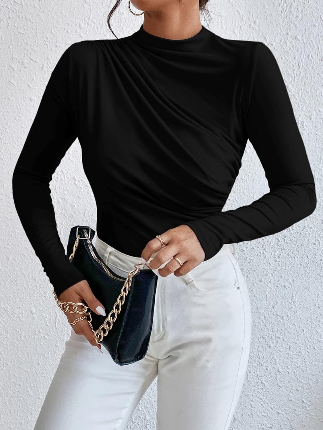 SweatyRocks Women's Bodysuit Mock Neck Casual Ruched Long Sleeve Jumpsuit - Image 5