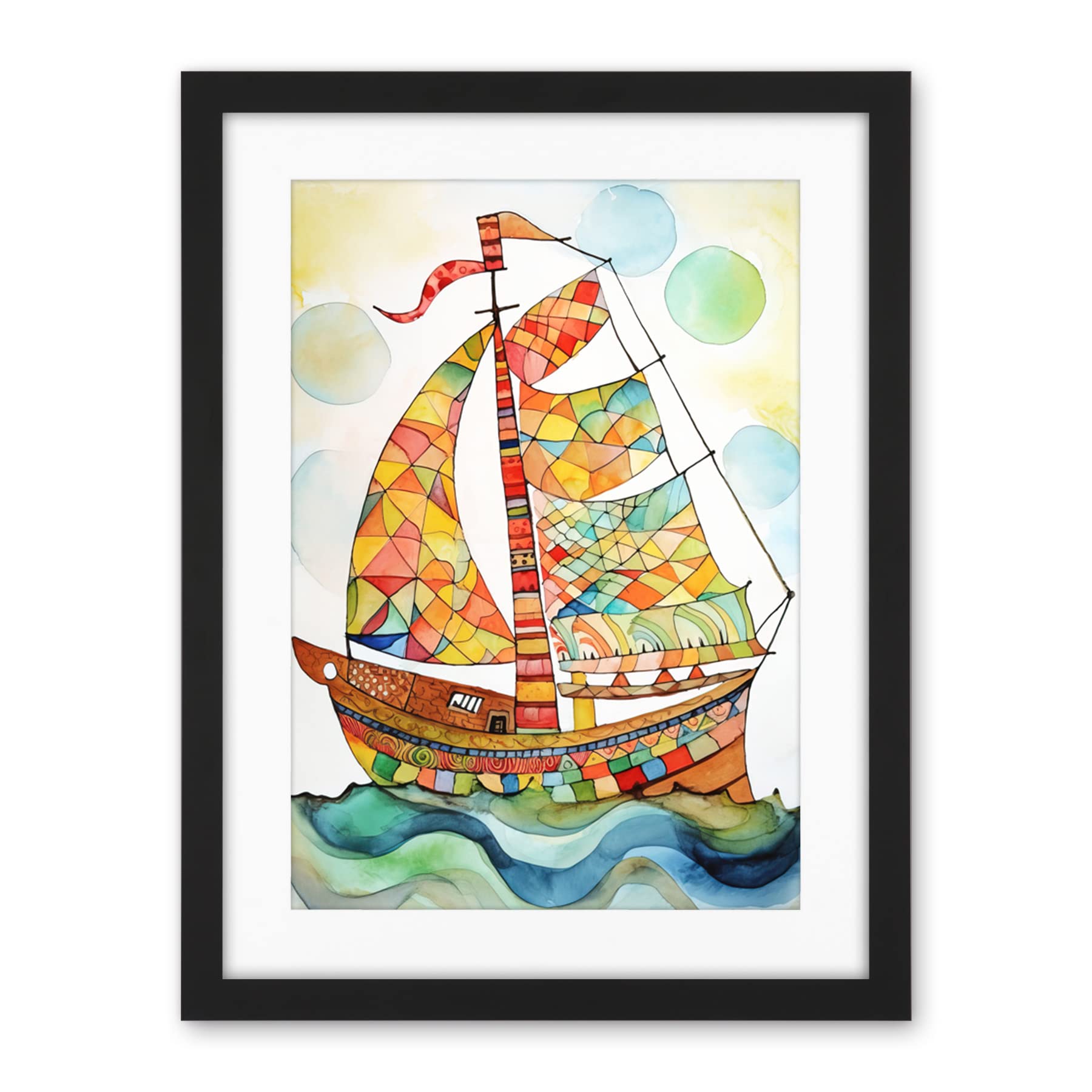 Artery8 Sailing Ship At Sunrise Folk Art Artwork Framed Wall Art Print 18X24 Inch