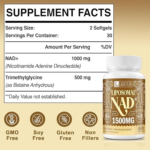 Miniatura 2 de LIGUSTERI Suplemento liposomal NAD+ 750 mg de capacidad, absorción superior, True NAD+ con TMG, Boost NAD Plus para defensa del envejecimiento,