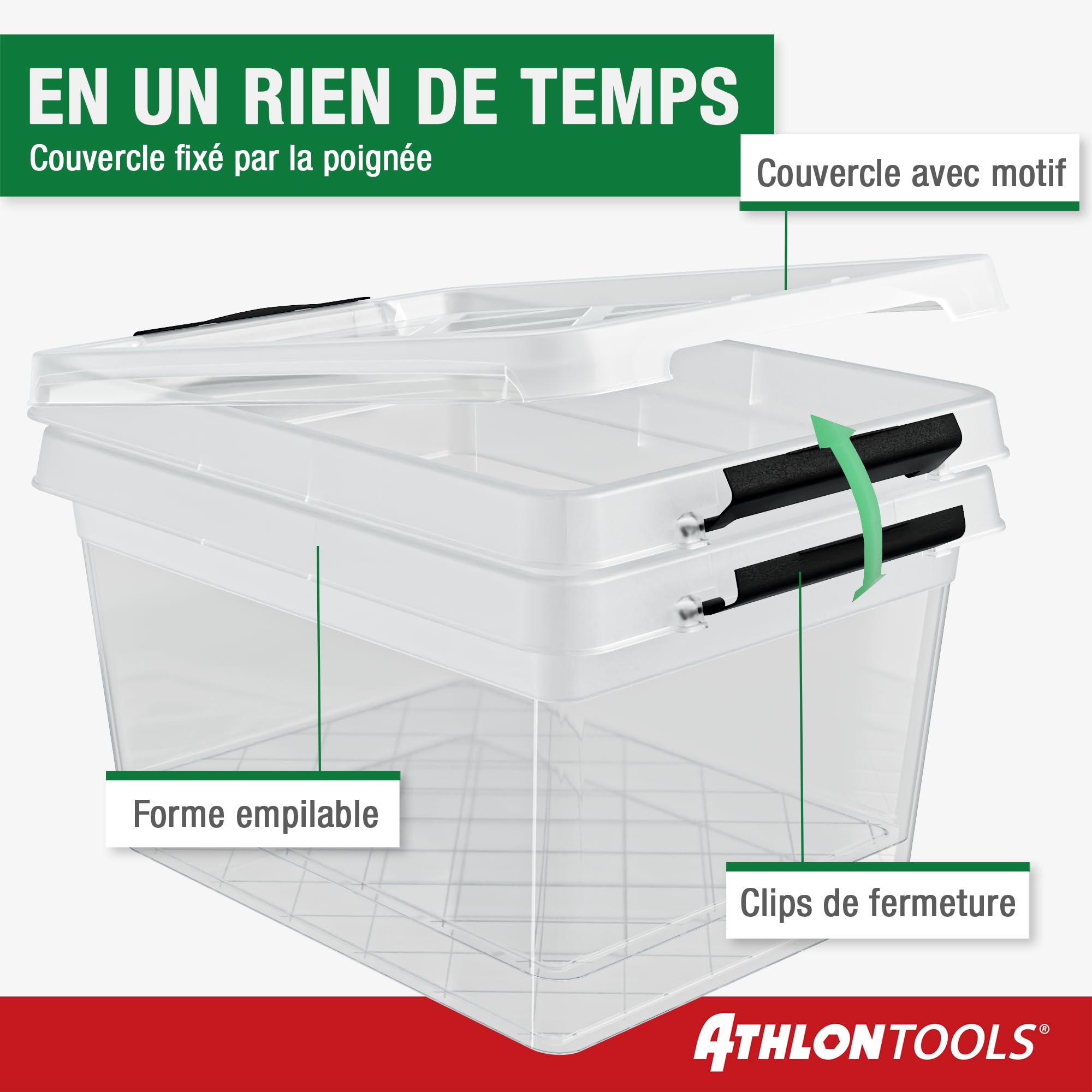 ATHLON TOOLS Lot de 10 boîtes de rangement de 5 L avec couvercle, petites, 100 % nouveau matériau, transparentes, sans BPA, conteneurs empilables, clips de verrouillage gris, pratiquement hermétiques