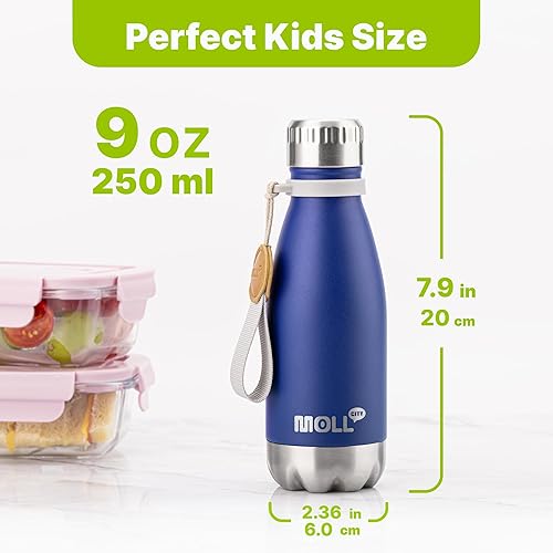 Miniatura 5 de Mollcity Botella de agua pequeña aislada de 9 onzas para niños de acero inoxidable botella de agua deportiva a prueba de fugas azul marino