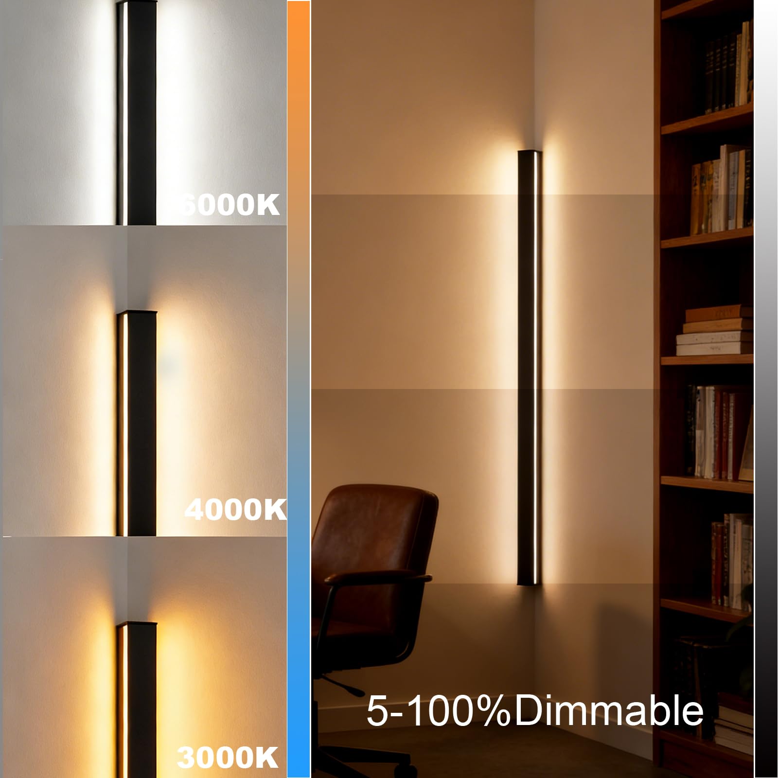 LANMOU Lange Wandleuchte Innen Dimmbar 150cm Schwarz LED Ecklampe 4000 LM | Wandlampe mit Fernbedienung ＆ Stecker, Modern Aluminiumgehäuse, 3000-6000K Lichtfarbe, 50W, Kabelmontage für Wohnzimmer