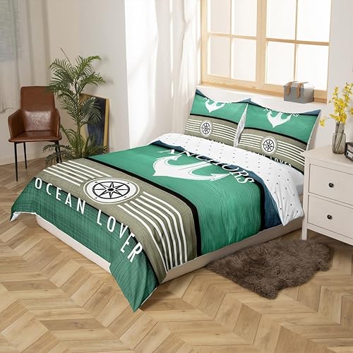 Miniatura 2 de Juego de funda de edredón náutica con anclaje de barco para mujeres y niños, funda de edredón de brújula de barco, estilo vintage, turquesa, azul y