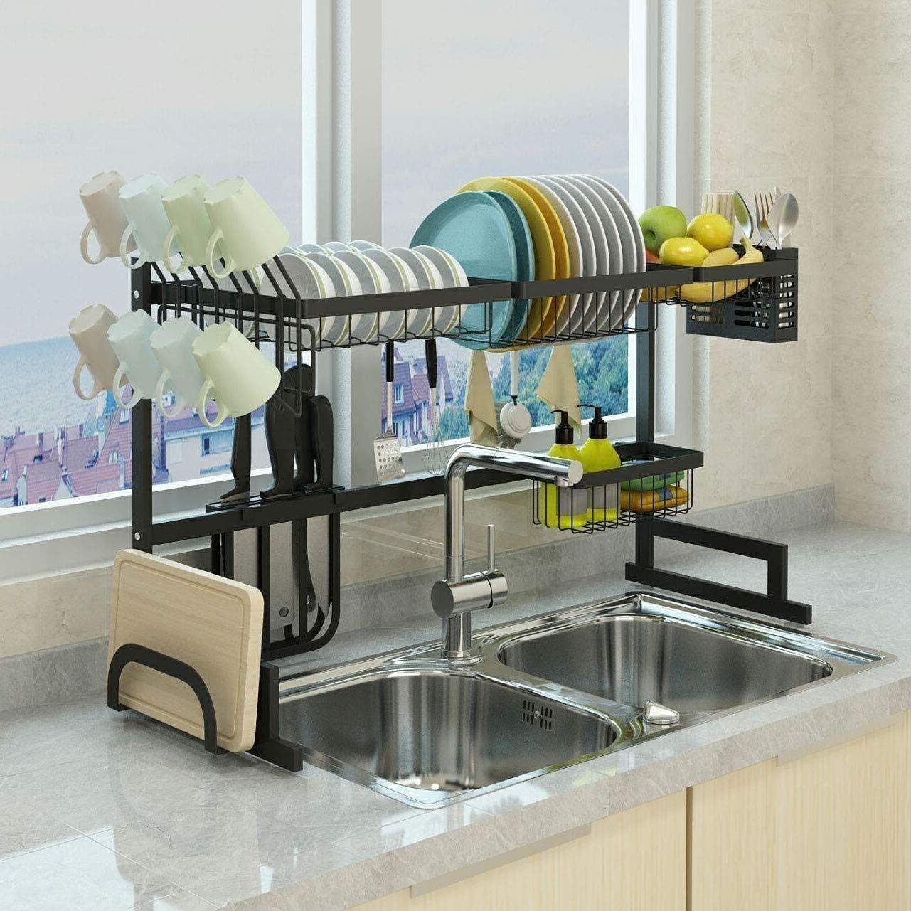 ZQFHSX Dish Drainer, Kitchen Storage Drainers Rack Over Sink Stainless Steel Drain Bowl Multipurpose Supplies Shelf Utensils Holder