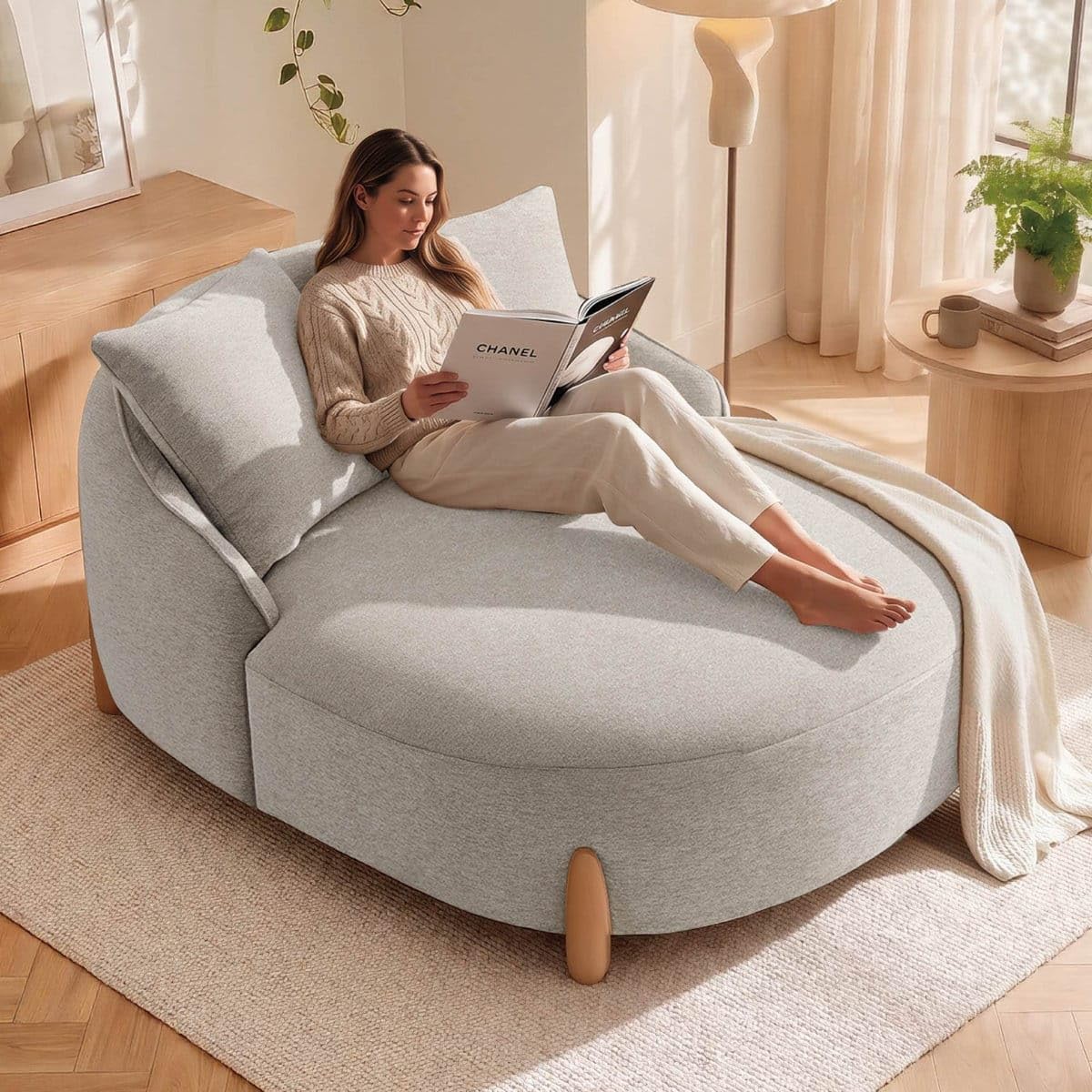 Oversized Loveseat Sofa 67" Oversized Round Lounge Chair | Modern Curved Chaise Sofa | Deep Seat Accent Lounger with Dual Cushions | Premium Soft Fabric | Grey-image-39