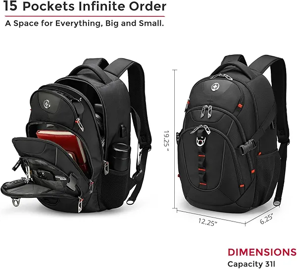 Swissdigital Design Laptop Backpack with USB Charging Port, Travel Backpack Fits 15.6 inches Computer, 31L College School Backpack for Men, Black | SD803