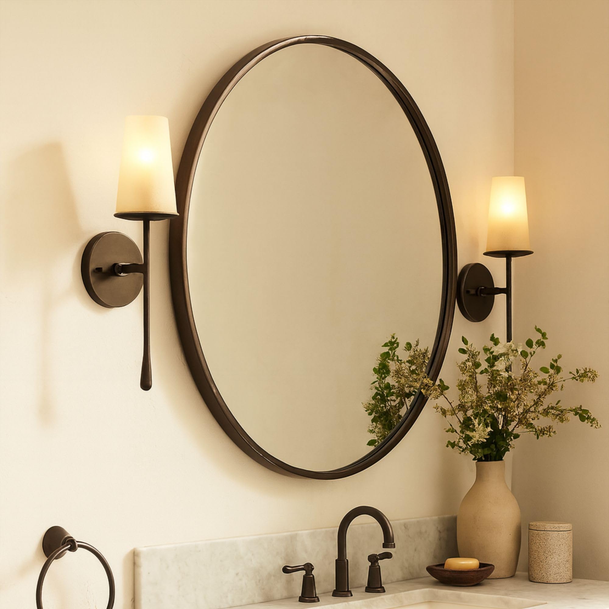 TEHOME Round Oil Rubbed Bronze Mirror 30 inch, Metal Circle Wall Mirror for Bathroom &amp; Entryway