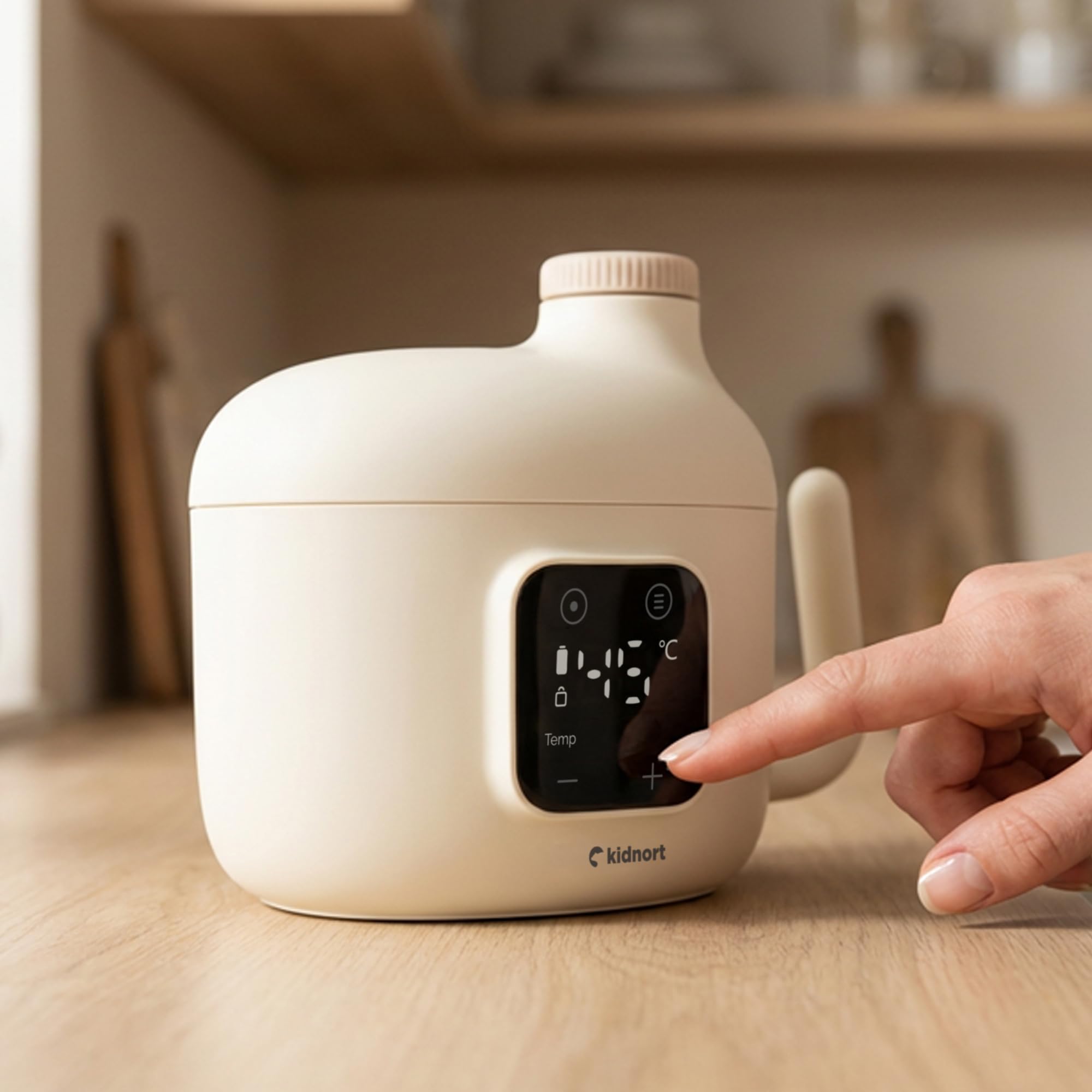 Kjokken Mobiler Babykostwärmer 400 ml mit Akku USB C für unterwegs Temperaturregelung 40 bis 55 Grad Timer Touchdisplay dichter Schraubdeckel für Babybrei Mahlzeiten Beige