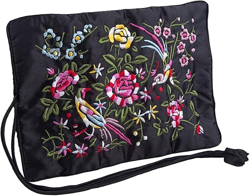 Miniatura 6 de TUMBEELLUWA Embroidery Travel Jewelry Bag Roll Embroidered Flower and Bird Brocade Organizer with Tie Close Blue