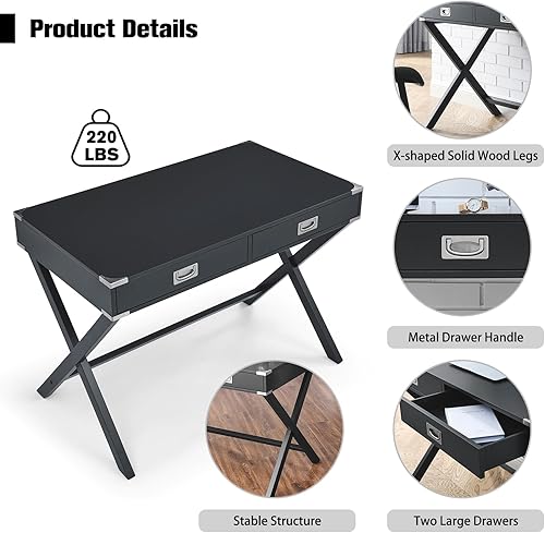 Miniatura 7 de Escritorio negro para computadora de 42 pulgadas con 2 cajones grandes, estación de trabajo de escritorio de oficina en casa, escritorio único con