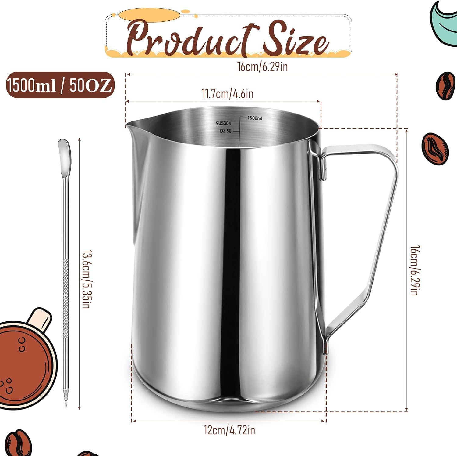 304 Stainless Steel Milk Frothing Pitcher 50oz, Steaming Pitchers with Art Pen, Espresso Steaming Pitcher, Milk Steamer Cup, Espresso Cappuccino Latte Art Barista Coffee Machine Accessories
