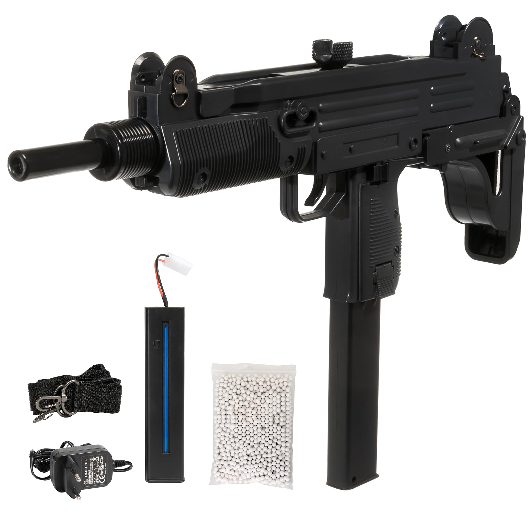 D91 Fucile elettrico Softair ABS Nero, POTENZA 0,9 JOULE, serbatoio superiore 200 pallini, calcio allungabile, Mini‑Tamiya, batteria Ni‑MH 7.2V 400mAh, caricabatterie, cinghia
