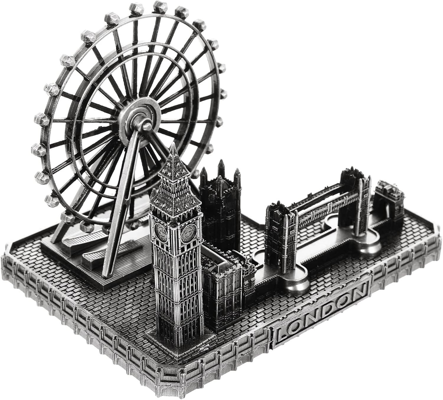 Shabjy Silver London Landmark Metal Figurine Set – Big Ben, Tower Bridge, London Eye Replica – Vintage Home Decor Desktop Statue, Travel Souvenir & Gift For Living Room, Office (Silver)
