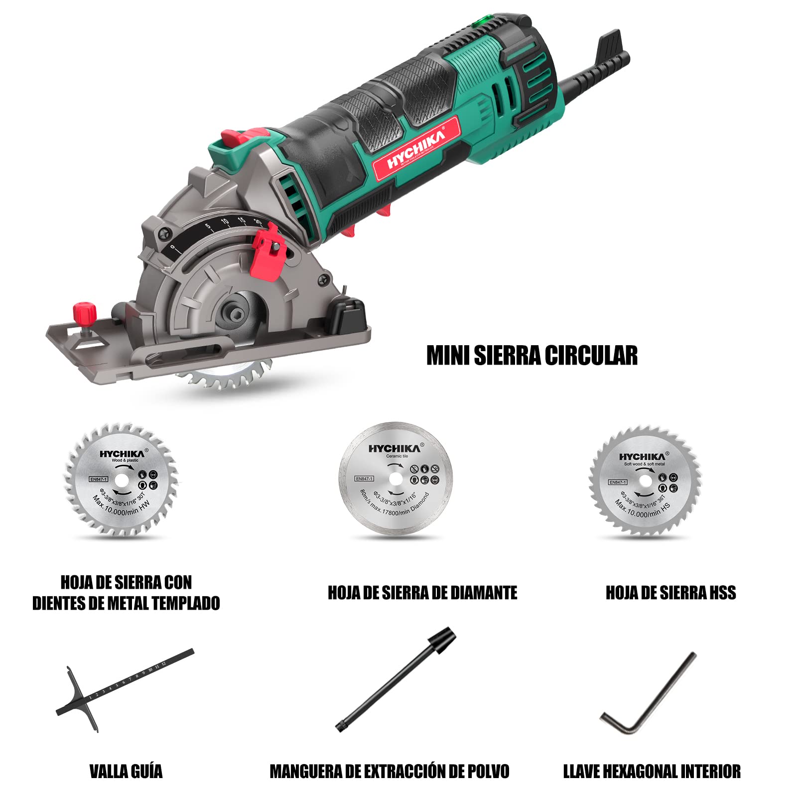 HYCHIKA Mini Serra Circular Manual de 500W e 4500 rpm, 3 lâminas de serra de 30T, 36T e diamante, ideal para cortar azulejos, madeira, metal macio, plástico