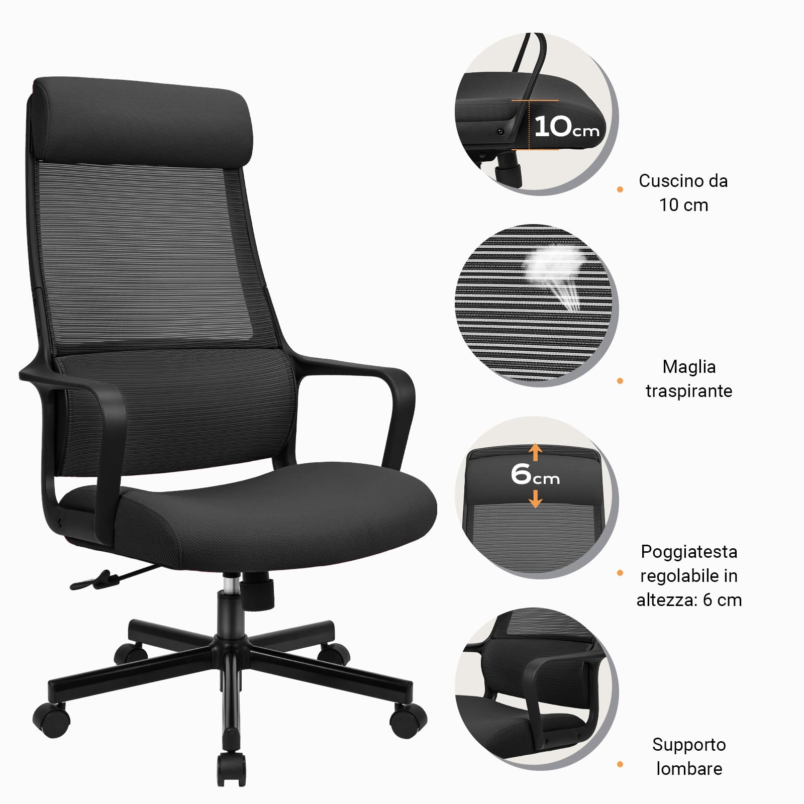 MELOKEA F008 Sedia da Ufficio Ergonomica Direzionale Schienale Alto in Rete Ultra Traspirante. Supporto Lombare Ortopedico a S Certificato EN 1335 e Poggiatesta 6cm Regolabile. Carico 150kg Nero