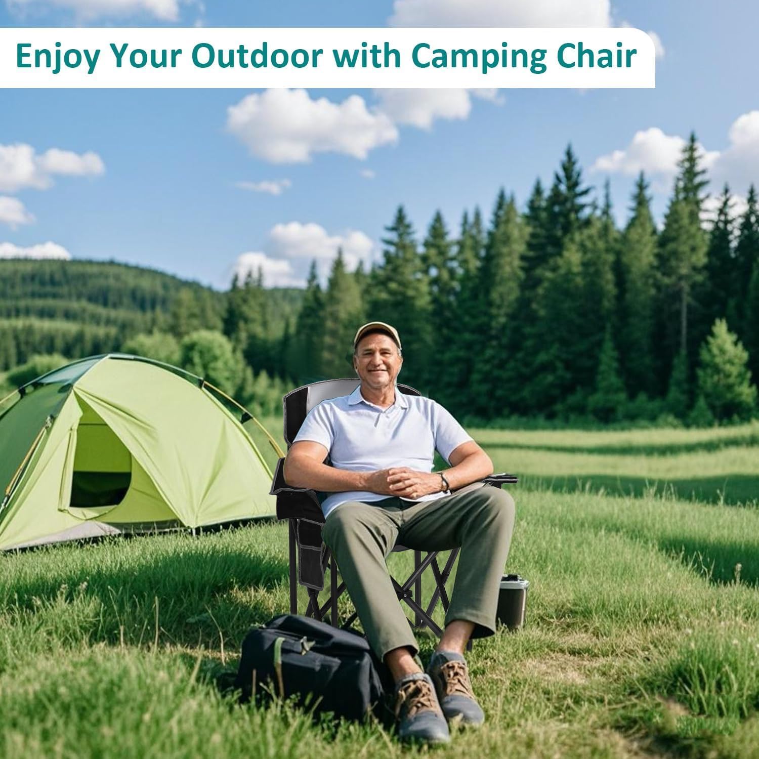 Camping Chair Heavy Duty High Back Folding Chair with Cup Holder, 450lbs Capacity, Padded Seat, Cooler Bag & Storage Pocket, Portable for Outdoor, Beach, Fishing, Sports, Black - Image 2
