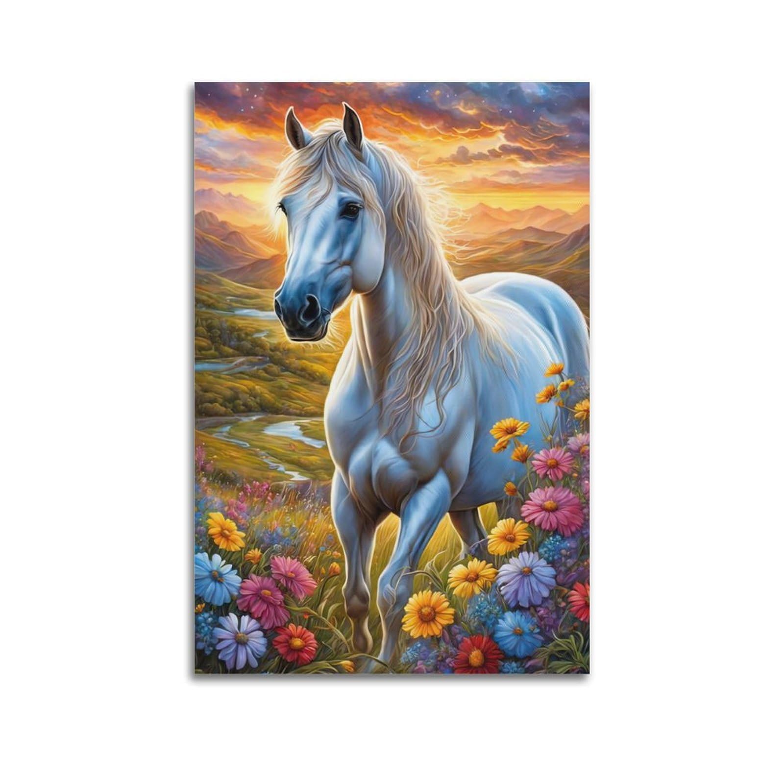 WPHSFX Animal Poster White Horses And Flowers Poster Decorative Painting Canvas Wall Posters And Art Picture Print Modern Family Bedroom Decor Posters 24x36inch(60x90cm)