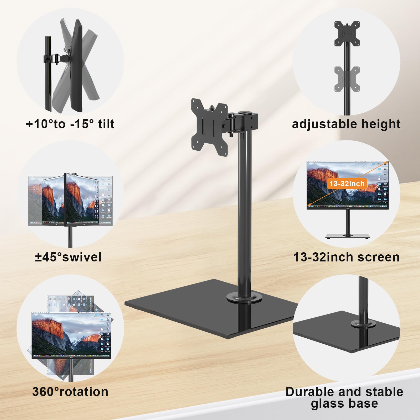 Pholiten Support Ecran PC pour écran 13-32 Pouces jusqu'à 10 kg, Support Ecran avec Construction Solide, Pied Ecran PC, Inclinaison réglable ±25°, Pivotement ±80°, Rotation 360°, VESA 75/100 mm