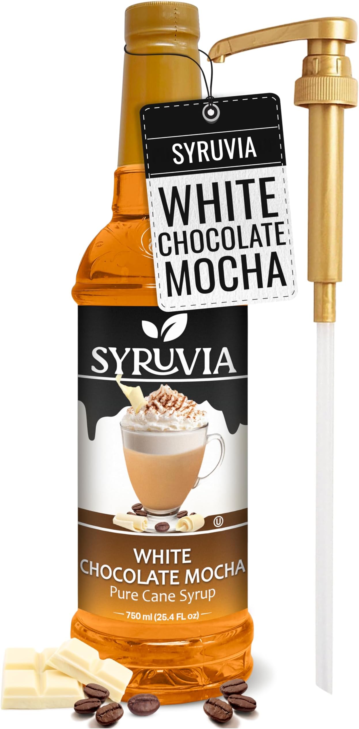 Syruvia White Chocolate Mocha Coffee Syrup - 25.4 fl oz -No Coloring, Perfect for Drinks, Soda, Shakes, Desserts, and More With Pump