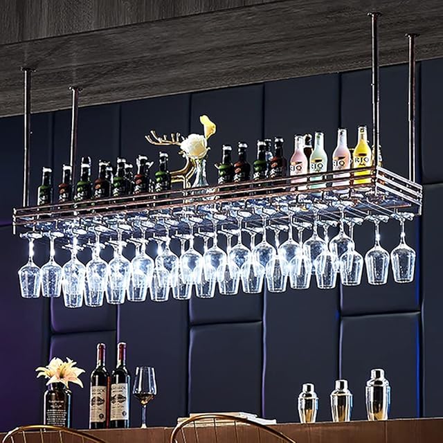 DJSMQYC Ceiling Hanging Wine Glass Rack European Style LOFT Wine Bottle Holder Decoration Stemware Goblet Shelf for Bars (color : Brass, Size : 100 * 35cm)