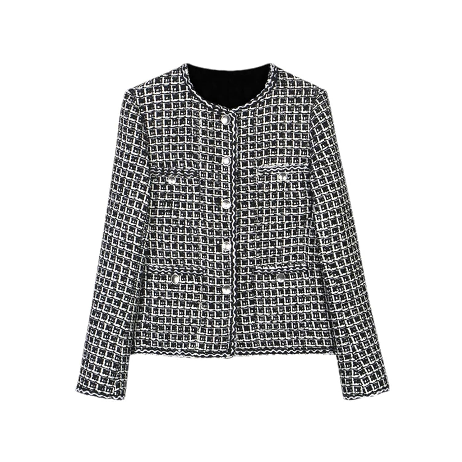 Womens Round Collar Plaid Tweed Blazer Jacket Retro Long Sleeve Open Front Work Office Short Coat