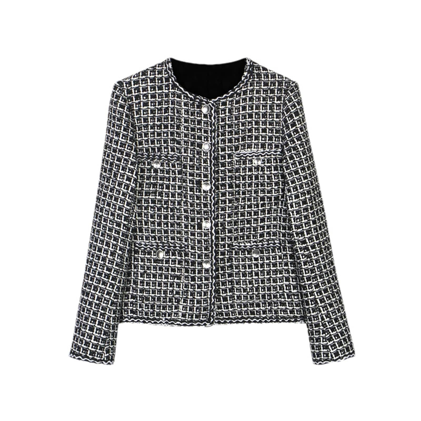 Womens Round Collar Plaid Tweed Blazer Jacket Retro Long Sleeve Open Front Work Office Short Coat