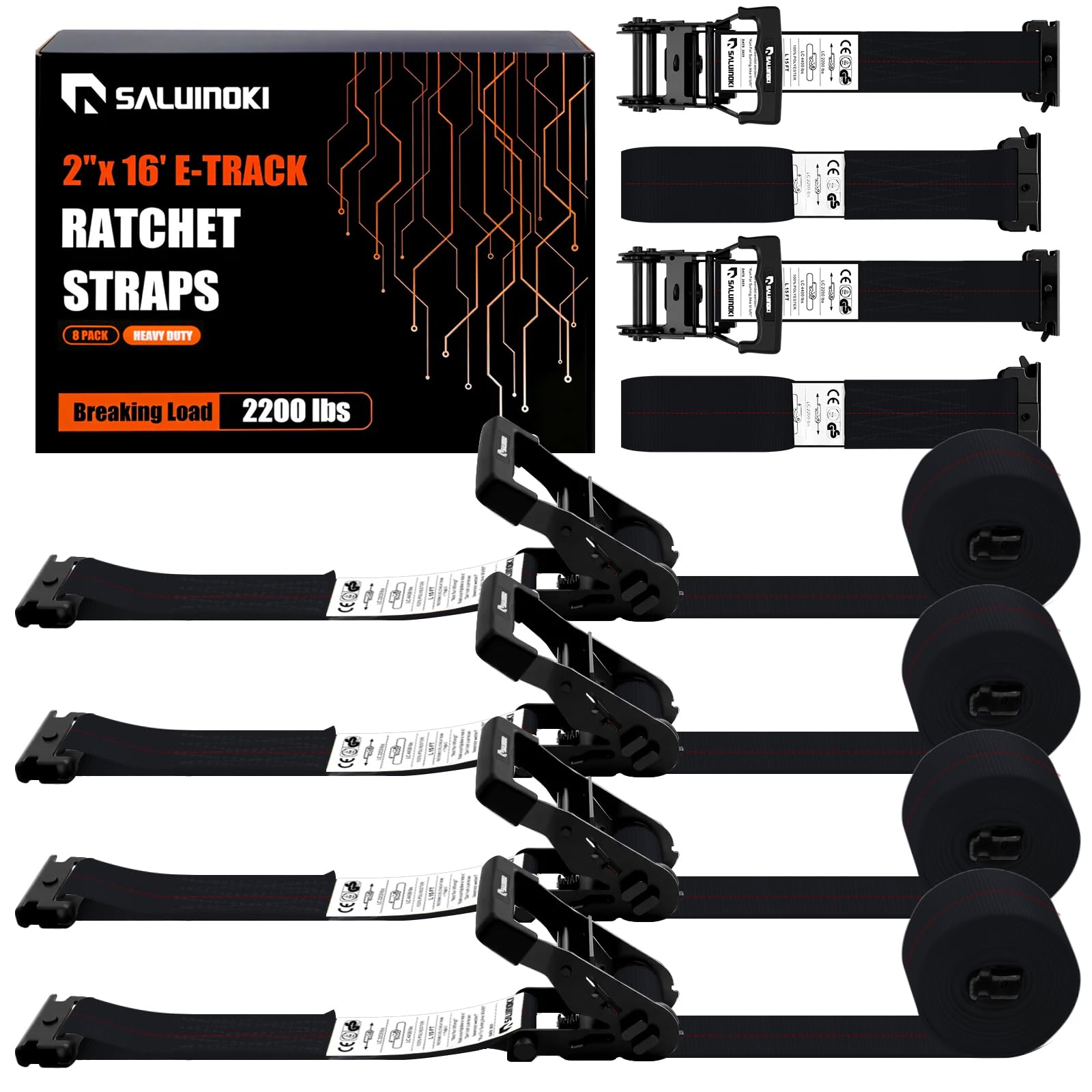 Cinghie a cricchetto E-Track, 5,1 cm x 4,9 m, resistenti, cinghia per carico, accessori Etrack, carico di lavoro 997,9 kg, per rimorchi, colore nero, confezione da 6