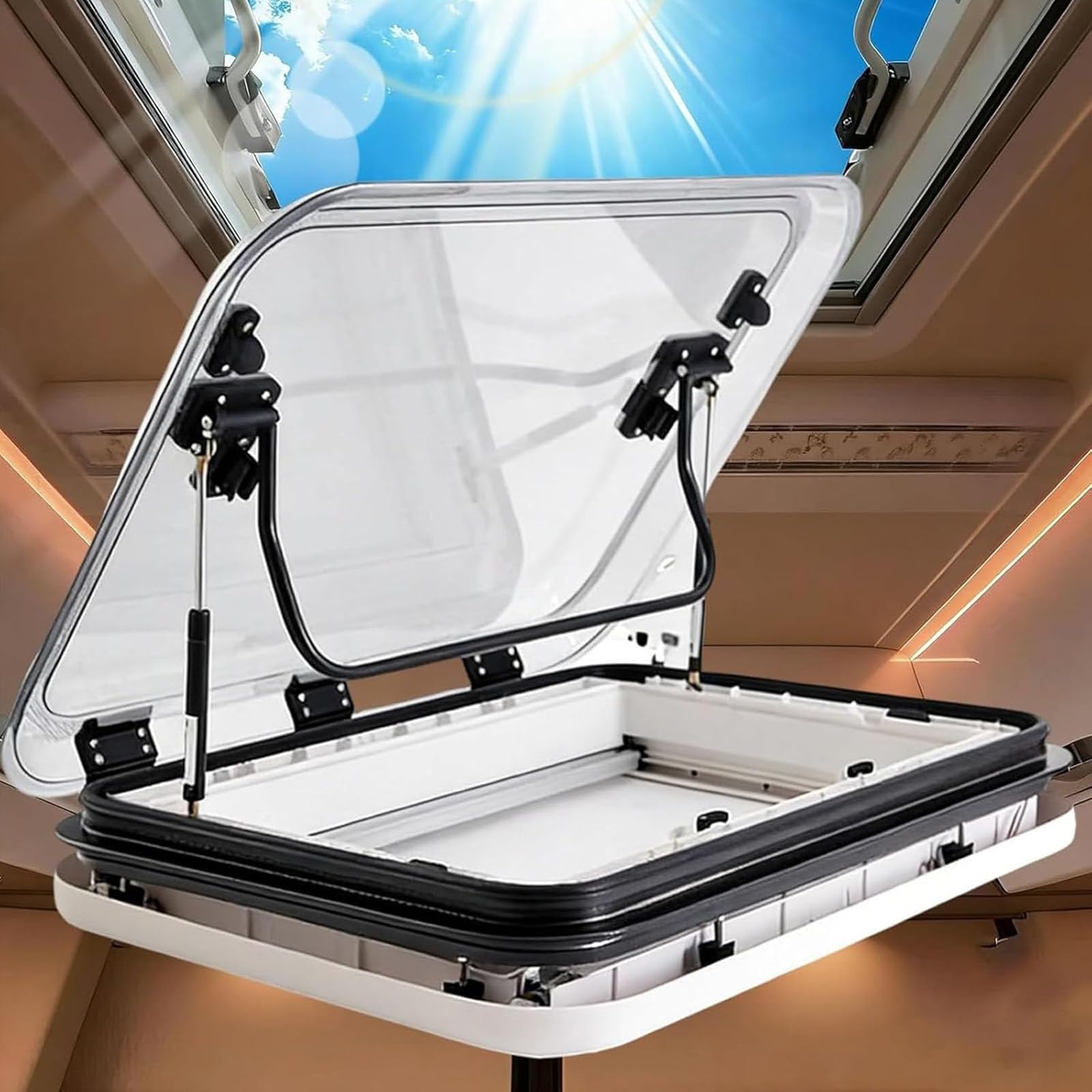 Motorhome Skylight Window Camper Vent, RV Caravan LED Skylight, Universal Roof Hatch Motorhome, 70° Open, 30–60mm Wall Thickness, 500 / 700 / 800 X 500MM Cut Out, Caravan, Cargo Trailer 800*500mm