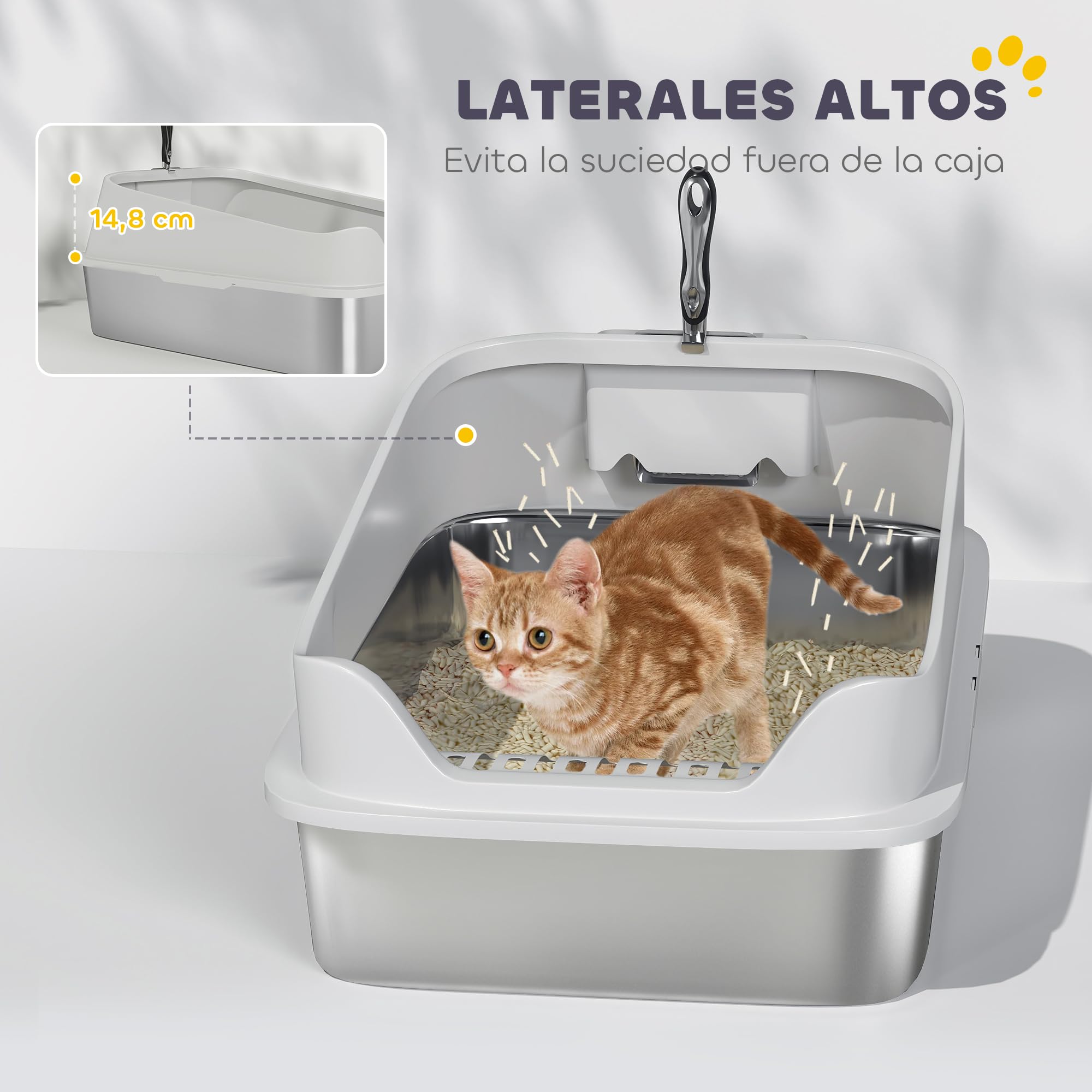 PawHut Arenero para Gatos de Acero Inoxidable XL, 60,2x40,2x29,7 cm, Gris | Caja de Arena para Gatos, Arenero con Borde Alto, Pala Metálica, Fácil de Limpiar, Prueba de Fugas