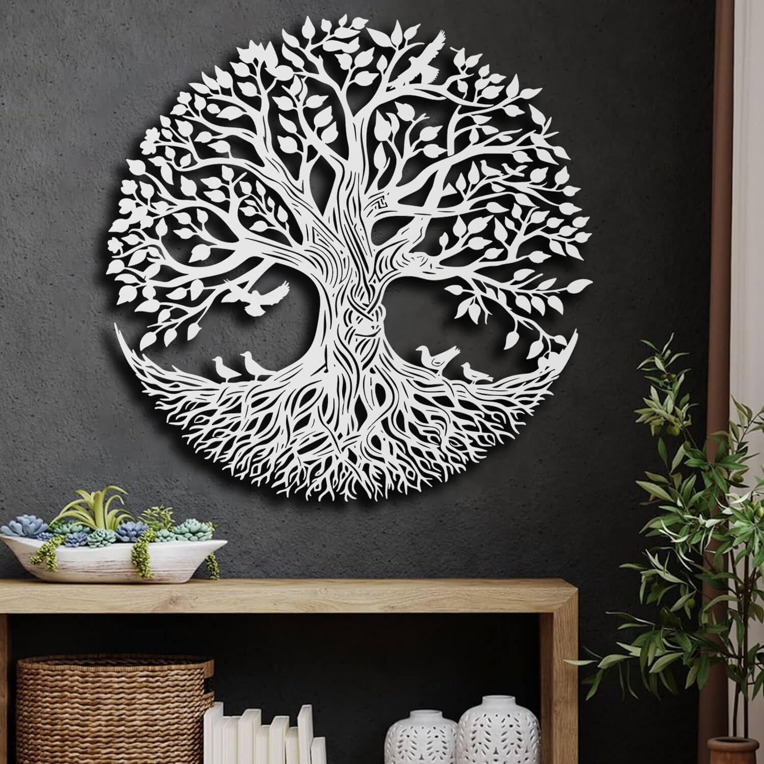 Décoration murale moderne en métal Arbre de Vie blanc grand format haut de gamme