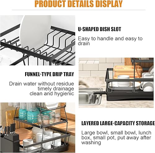 Miniatura 6 de Escurridor de platos grandes de 3 niveles para encimera de cocina escurridor de platos organizador desmontable de gran capacidad con soporte para