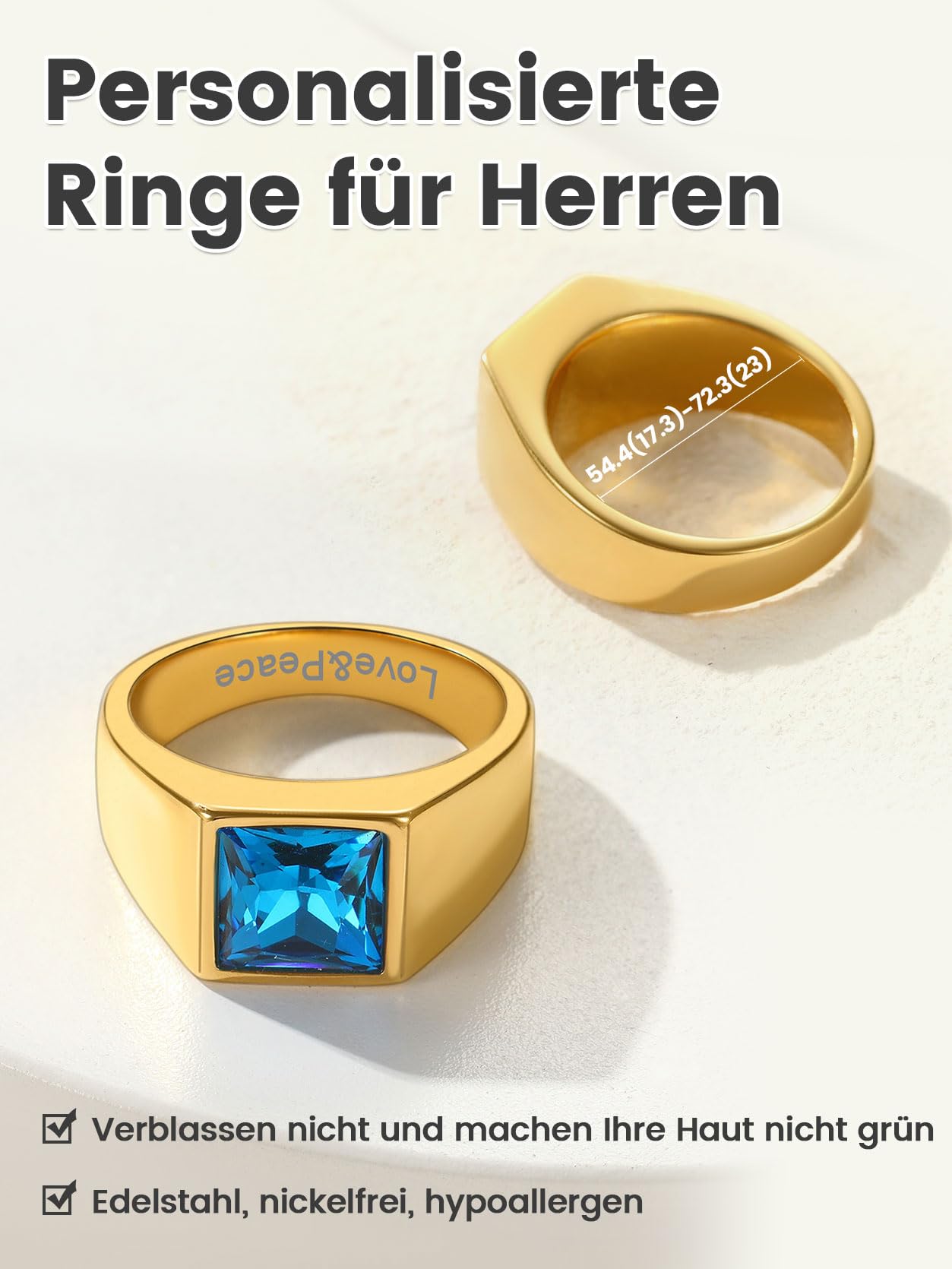 GoldChic Schwarzer/Blauer Stein Ring Herren Damen Siegelring mit Gravur Geburtsstein Edelstahlring Bandring Solitärring Schmuck Größe 54mm bis 72mm wählbar